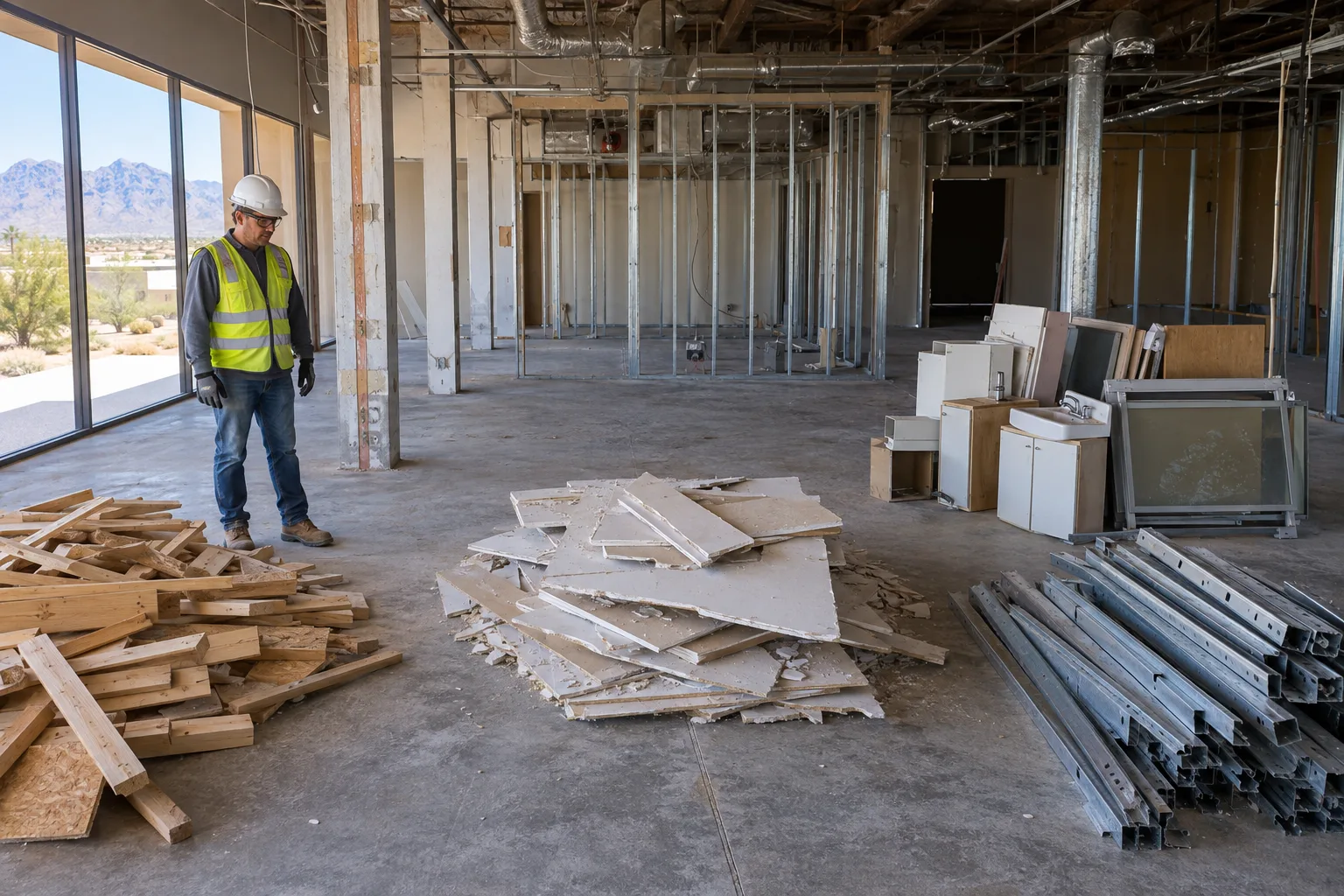 Illustrative commercial renovation site with wood, drywall, metal, and reusable fixtures separated