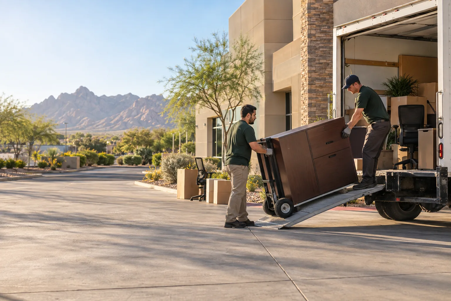 Illustrative scene of a commercial hauling crew moving a cabinet by dolly into an unbranded truck in Southern Arizona