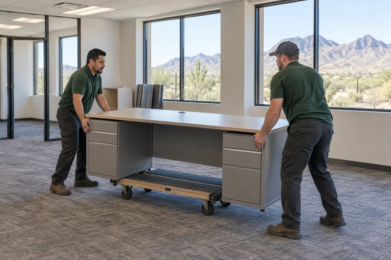 Illustrative scene of two workers moving a commercial desk with a furniture dolly