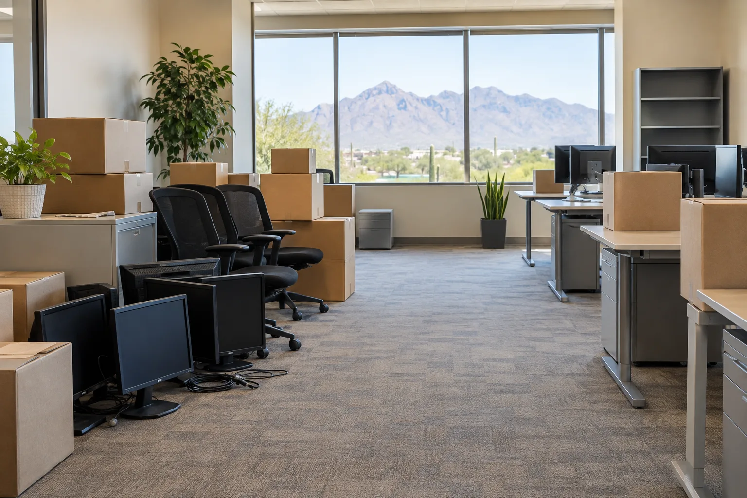 Illustrative office cleanout staging with boxes, monitors, chairs, and a clear central aisle